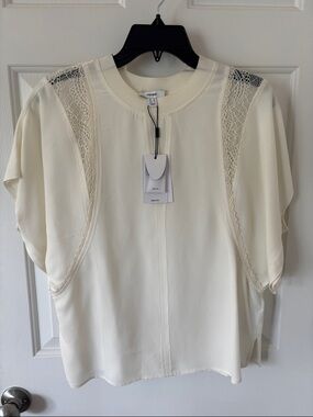 Reiss Cream Lace-Panel Short Sleeve Top